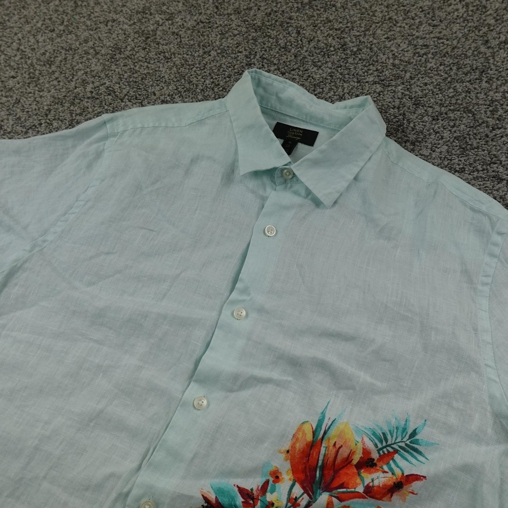 Club Room Shirt Mens XL Green Linen Chambray Floral Button Up‎ Hawaiian Tropical